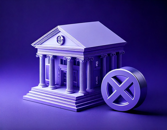 Minimal 3D render of a bank building with a cancel error icon, representing common mistakes when opening a bank account in Panama