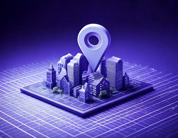Minimal 3D render of a location pin with a cityscape, symbolizing the best neighborhoods and areas to live in Panama