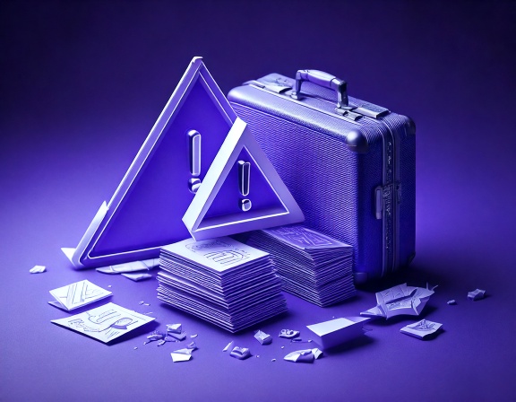 Minimal 3D render of a caution triangle and suitcase with scattered documents, symbolizing common mistakes to avoid when moving to Panama.