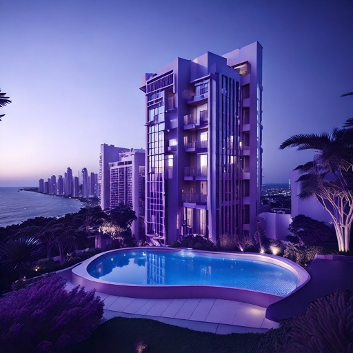 Illustration of a apartment building with pool overlooking city and ocean, inspired by Panama City
