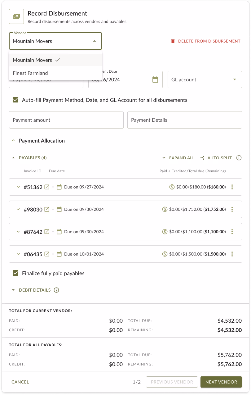 Record disbursement screenshot