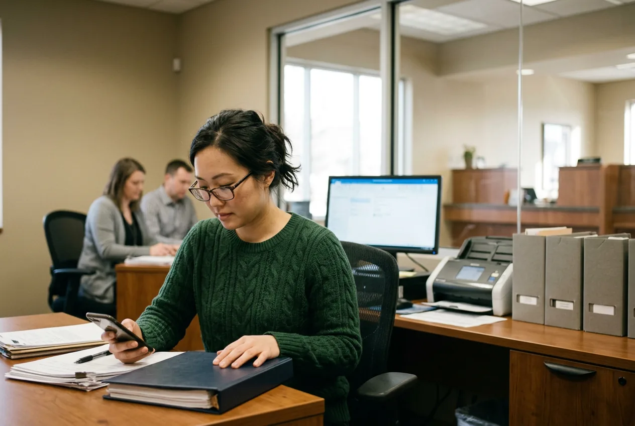 A compliance officer reading a text at her desk in a bank operations office, with binders, a document scanner and file boxes