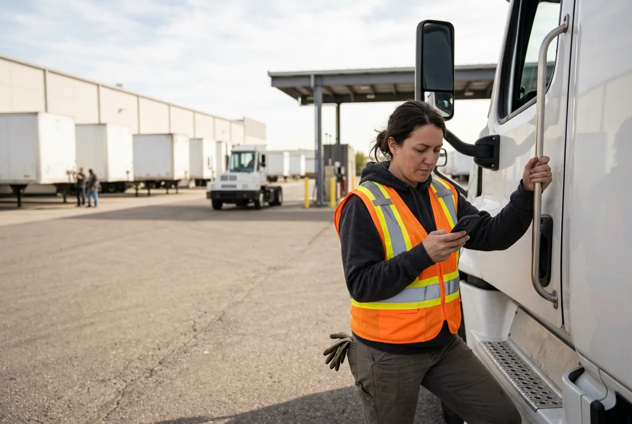 A truck driver in hi-vis reading a text from dispatch on her cab step, with trailers and a fuel island across the yard