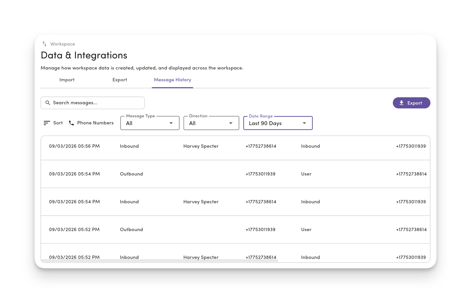 Message History in MessageDesk, filtered by message type, direction and date range, with an Export button