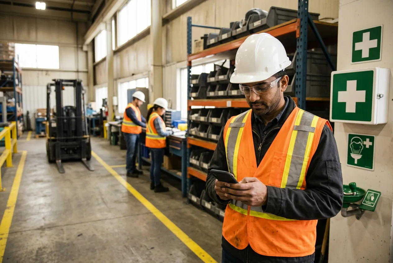 A safety coordinator in a hard hat and safety glasses reading a text on a plant floor, beside the first-aid and eyewash station