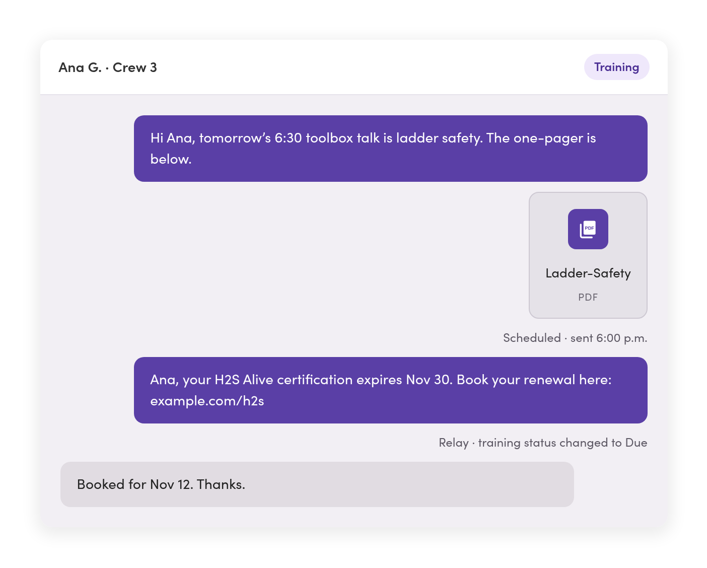 A training conversation with Ana: a scheduled toolbox talk with a PDF, and a Relay-sent certification renewal reminder