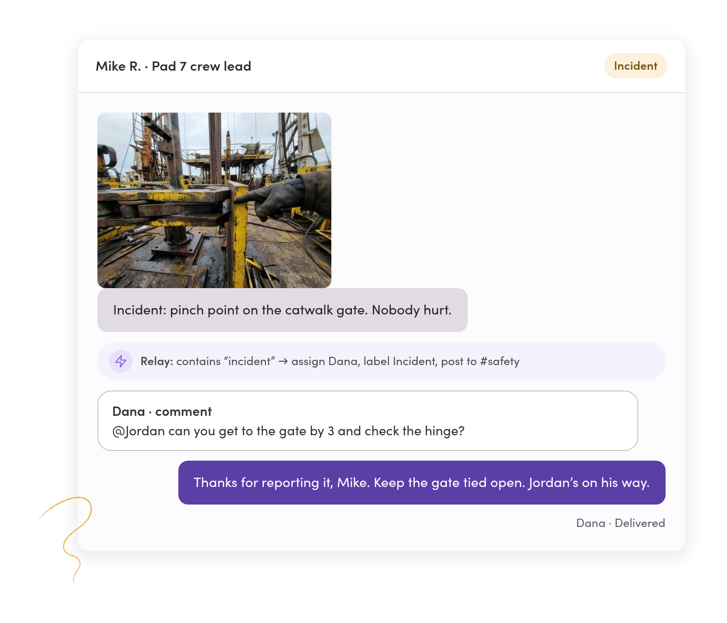 An incident text with a photo of a pinch point on a rig floor, assigned to Dana by a Relay, with an internal comment and Dana’s reply