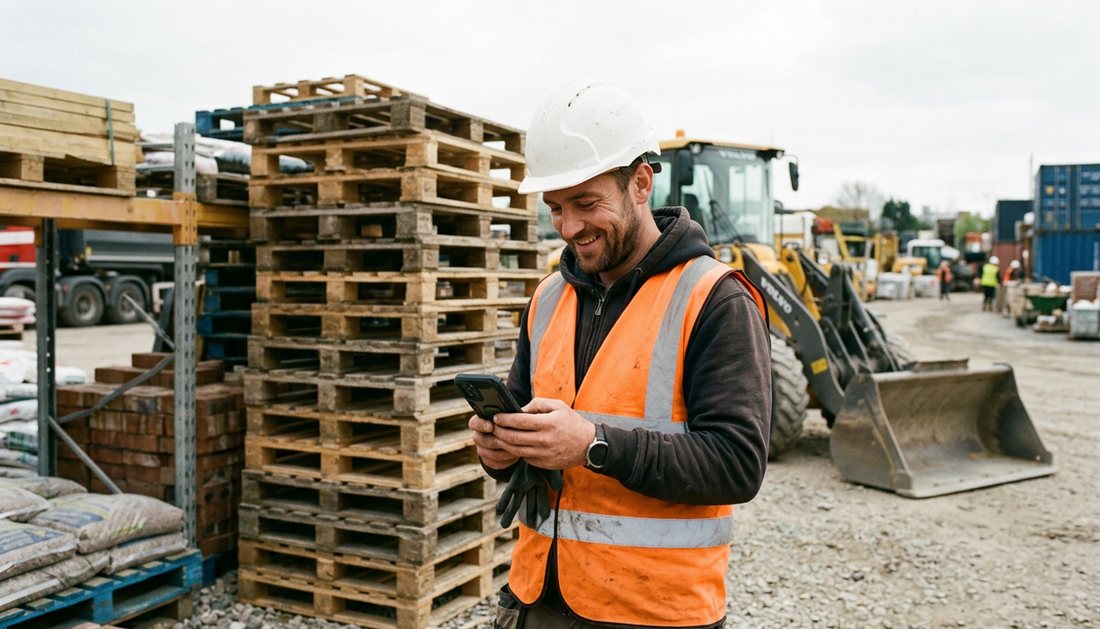 A site supervisor in hi-vis reading a text beside stacked pallets at a materials yard