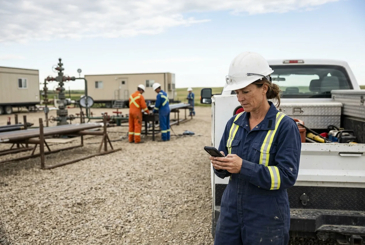 A field coordinator in FR coveralls and a hard hat reading a text at her pickup on a well pad, with the crew at the wellhead behind her