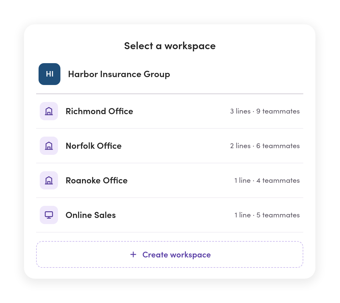 The MessageDesk workspace selection screen with four office workspaces under one company account