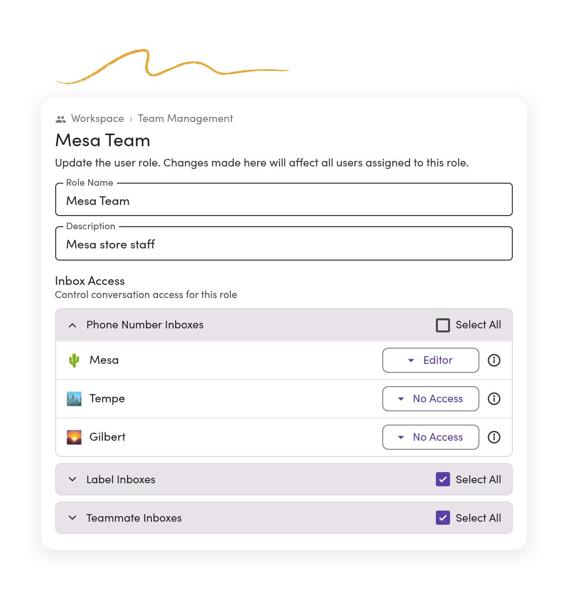 A custom role in MessageDesk for the Mesa team: Editor on the Mesa line and No Access on the Tempe and Gilbert lines