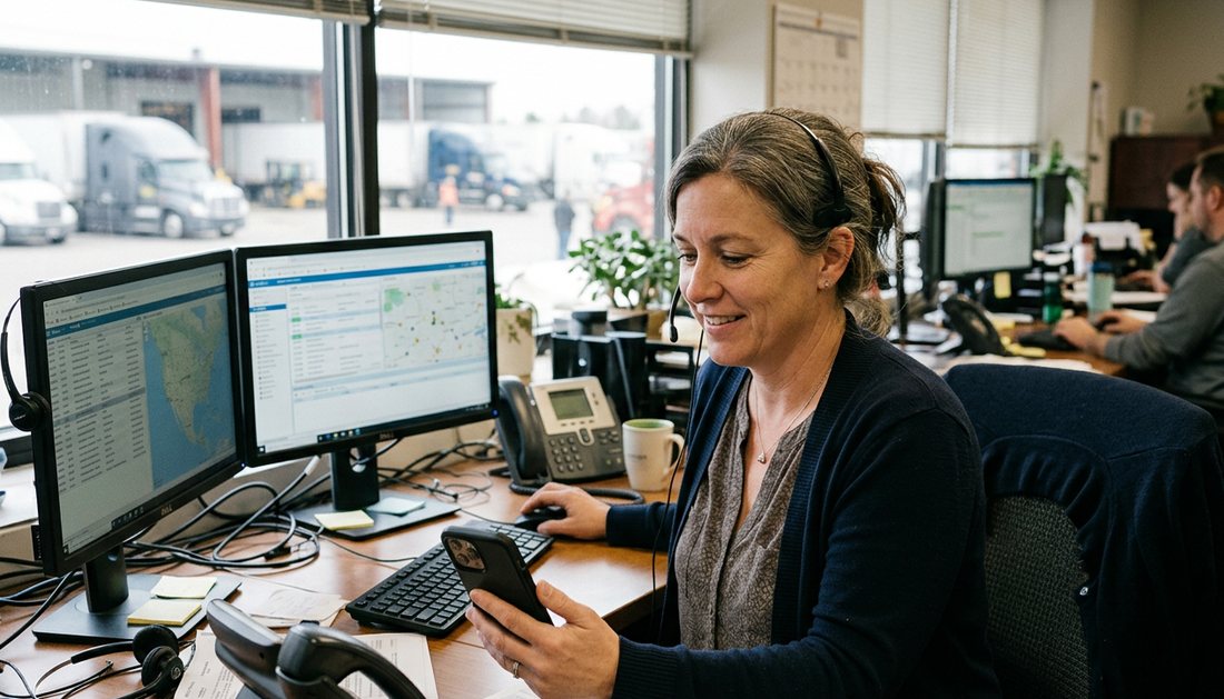 A dispatcher at her desk, reading a text between two monitors with the yard behind her
