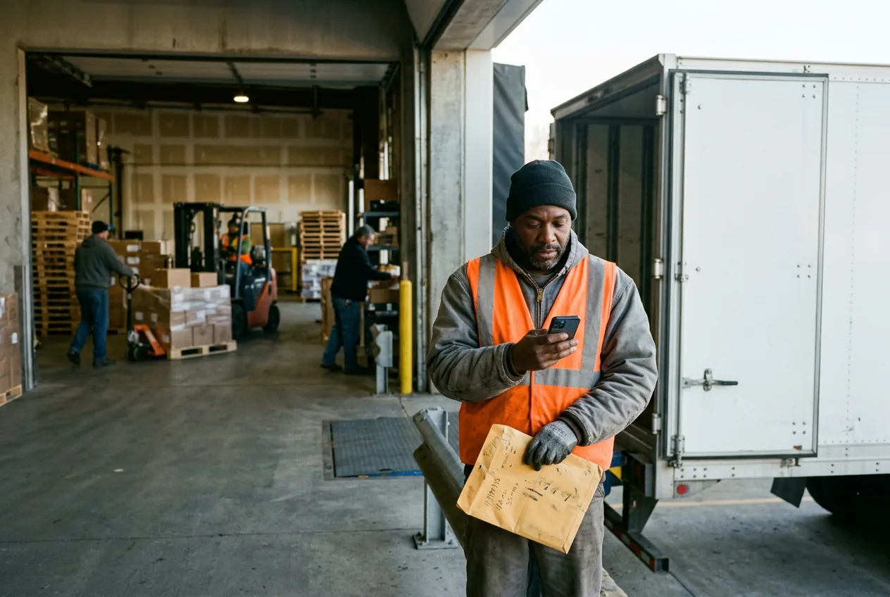 A driver in a hi-vis vest reading a text on his phone at a warehouse dock door, paperwork in his other hand