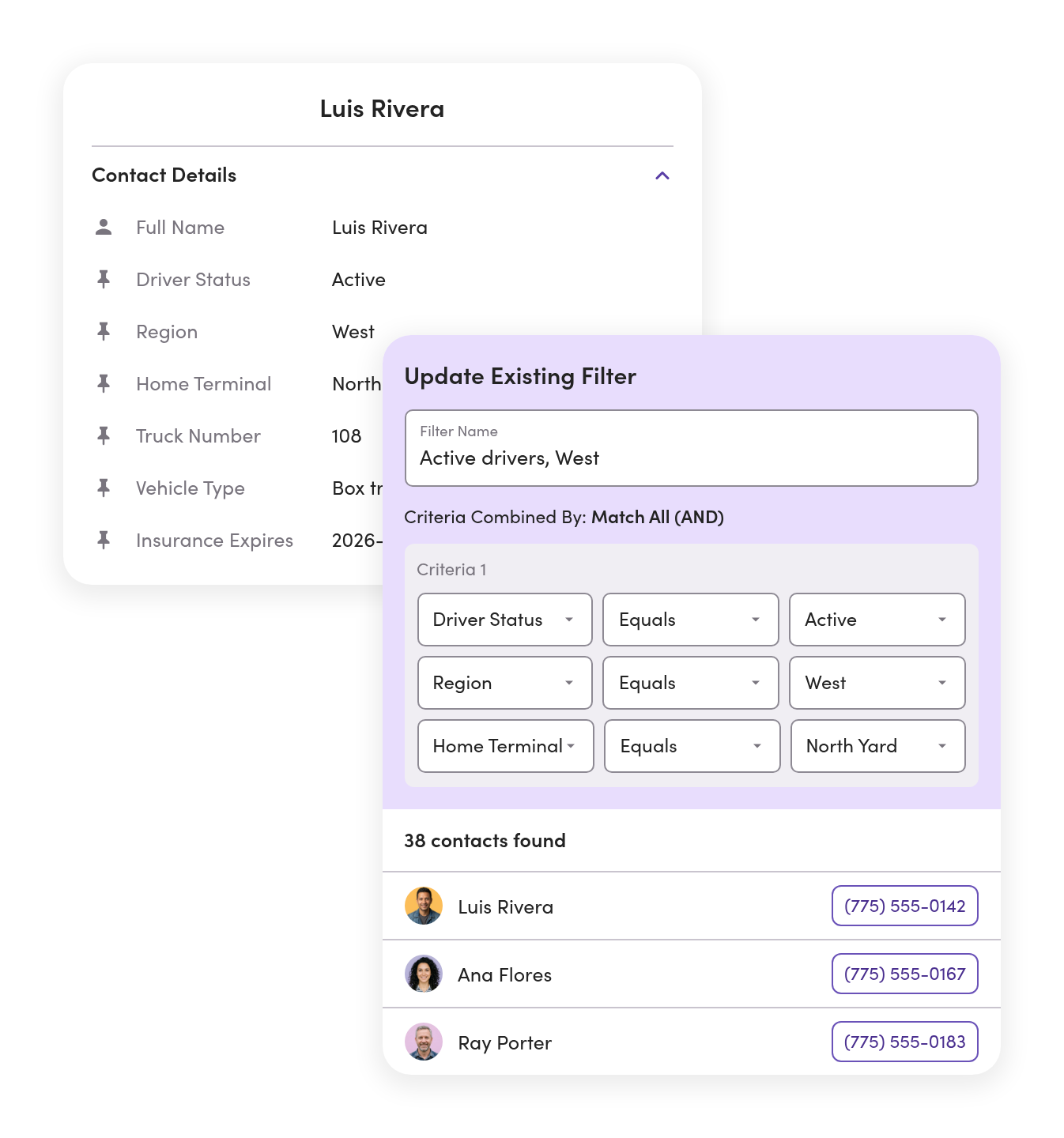 Driver details synced into a contact as custom fields like Driver Status, Truck Number, Home Terminal and Insurance Expires, with a saved filter for active West Region drivers at North Yard matching 38 contacts