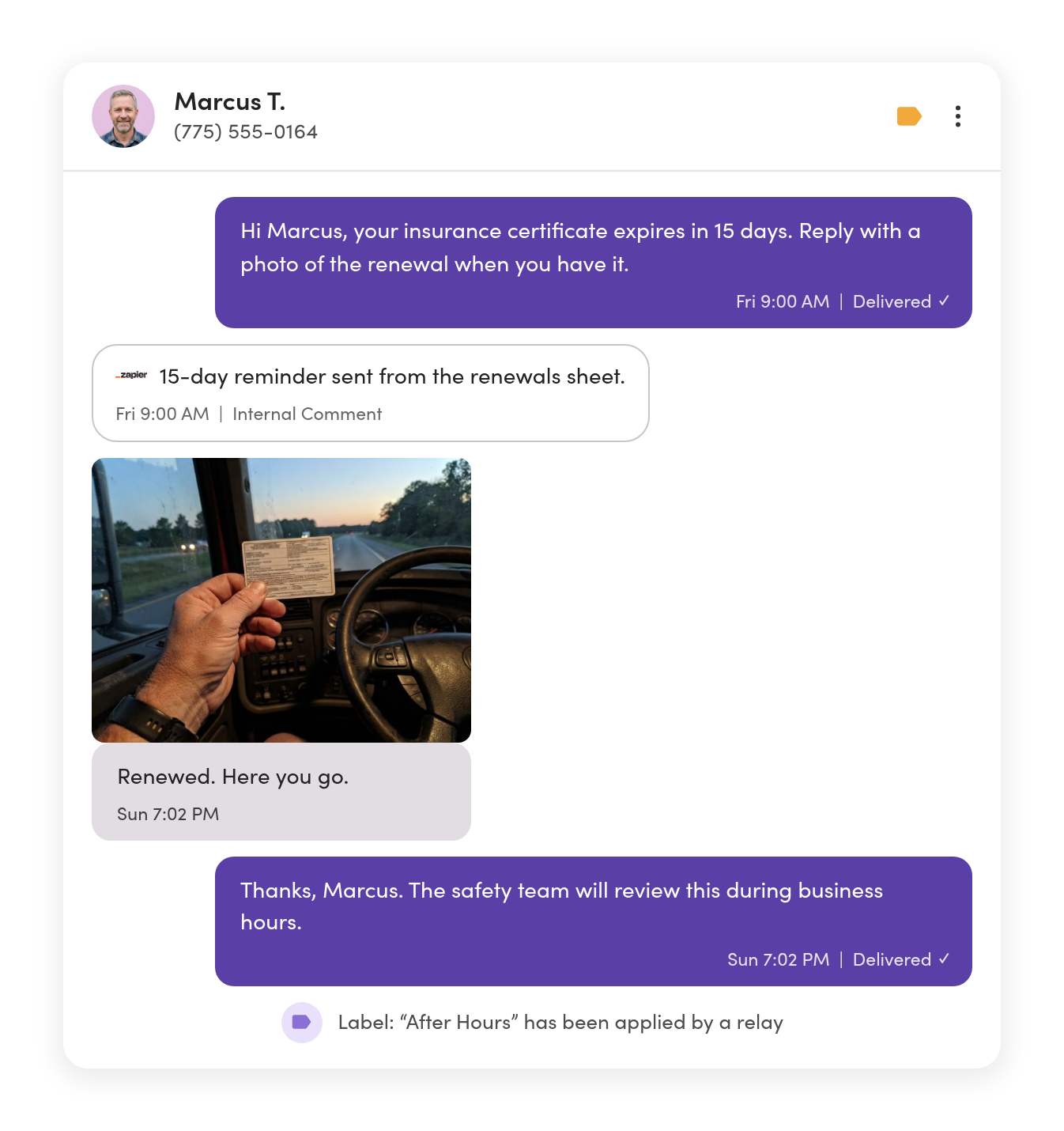 A Safety Line thread: an automatic insurance renewal reminder sent through Zapier, the driver’s photo reply on Sunday evening, and an automatic after-hours reply