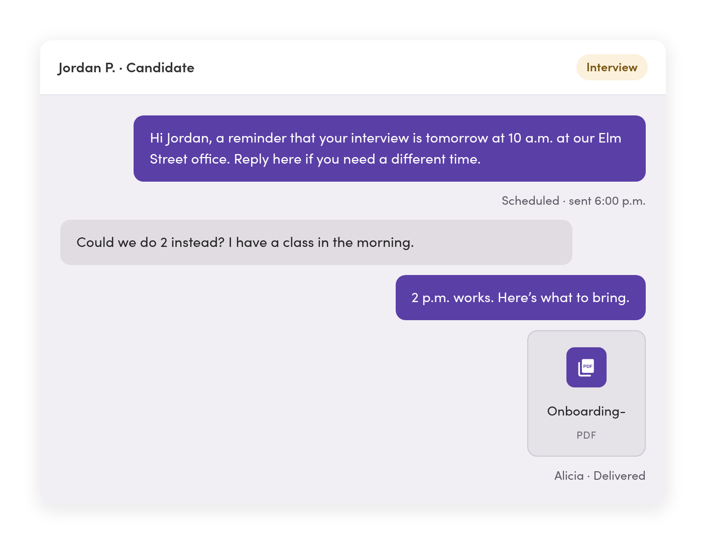 A candidate conversation on the HR line: a scheduled interview reminder, the candidate asking to move the time, and the recruiter confirming and attaching an onboarding checklist PDF