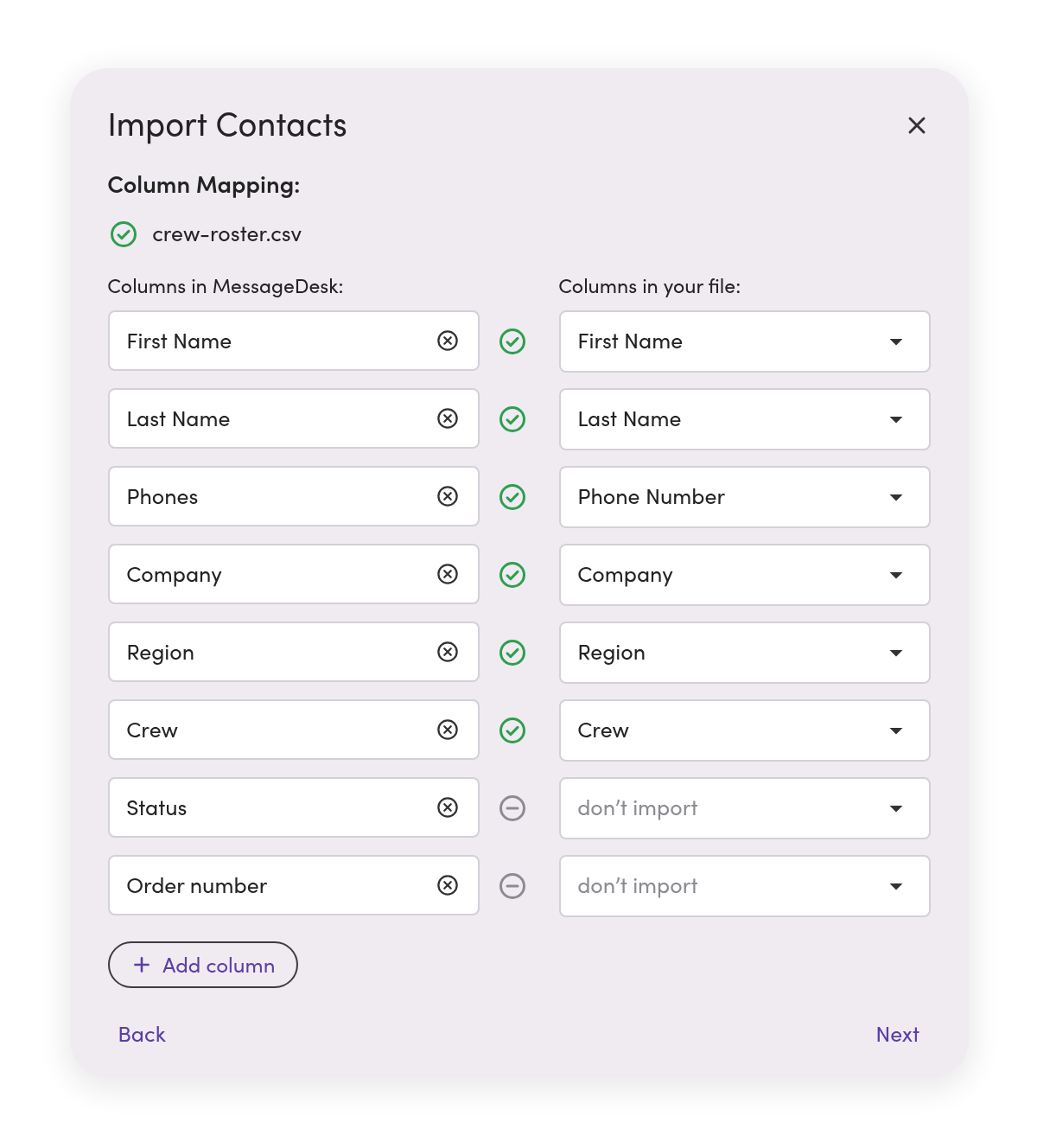 Importing contacts from a CSV: each column in the file is matched to a contact field, with matched columns checked and the rest set to don’t import