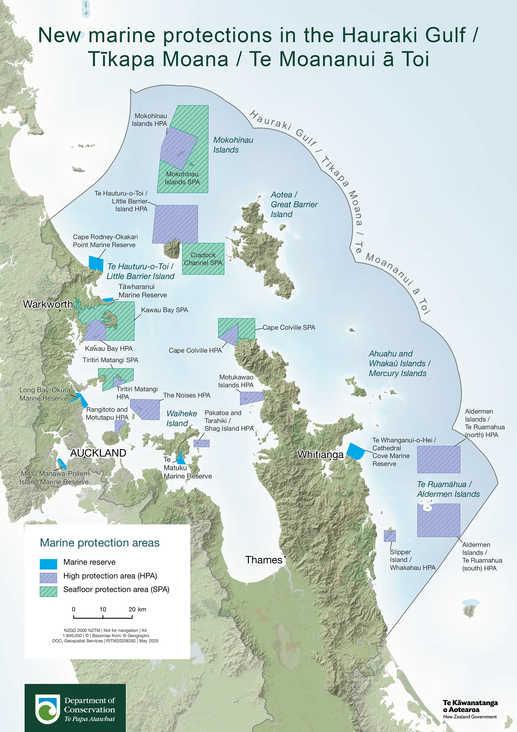Map of new marine protection areas for the Hauraki Gulf.