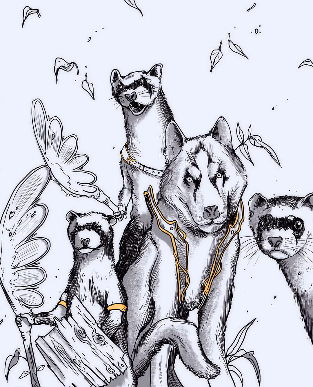 Black and white drawing of a husky wearing a harness surrounded by three ferrets holding wooden and leaf-like objects.