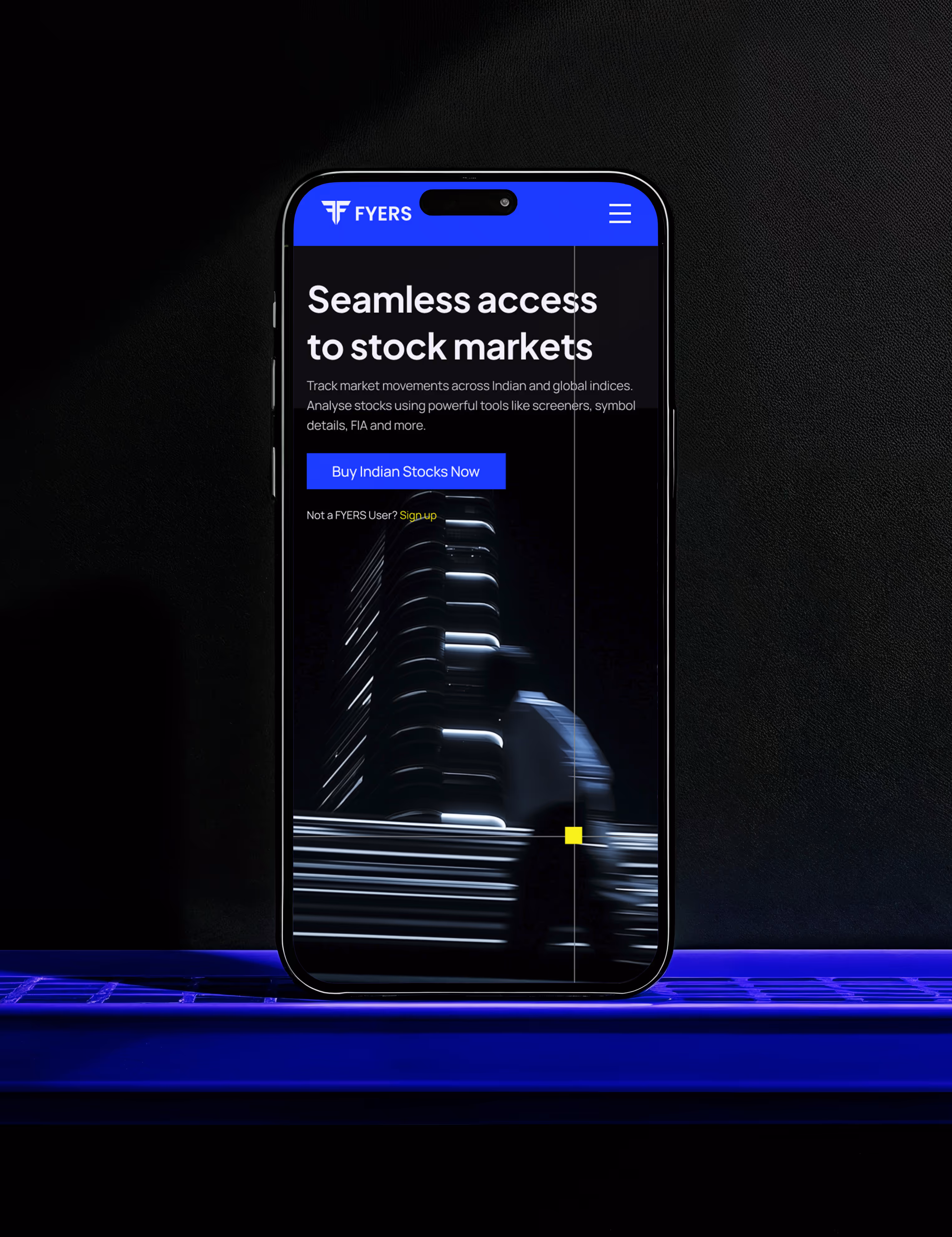 Smartphone displaying FYERS app screen with text about seamless access to stock markets and a blurred figure walking by illuminated stairs.