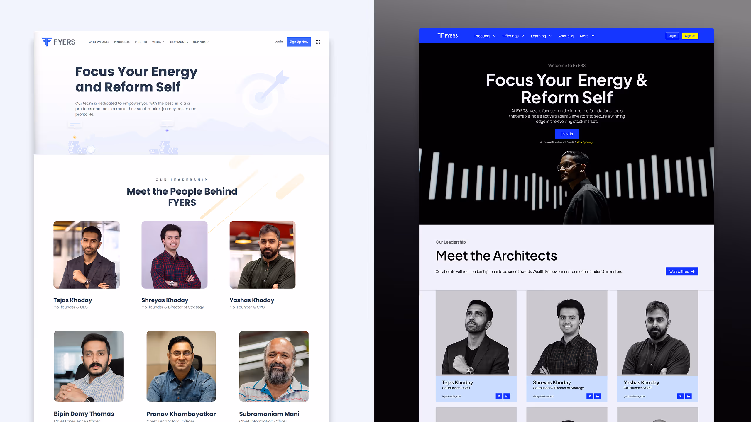 Side-by-side comparison of two FYERS leadership web pages showcasing team member portraits with names and titles.