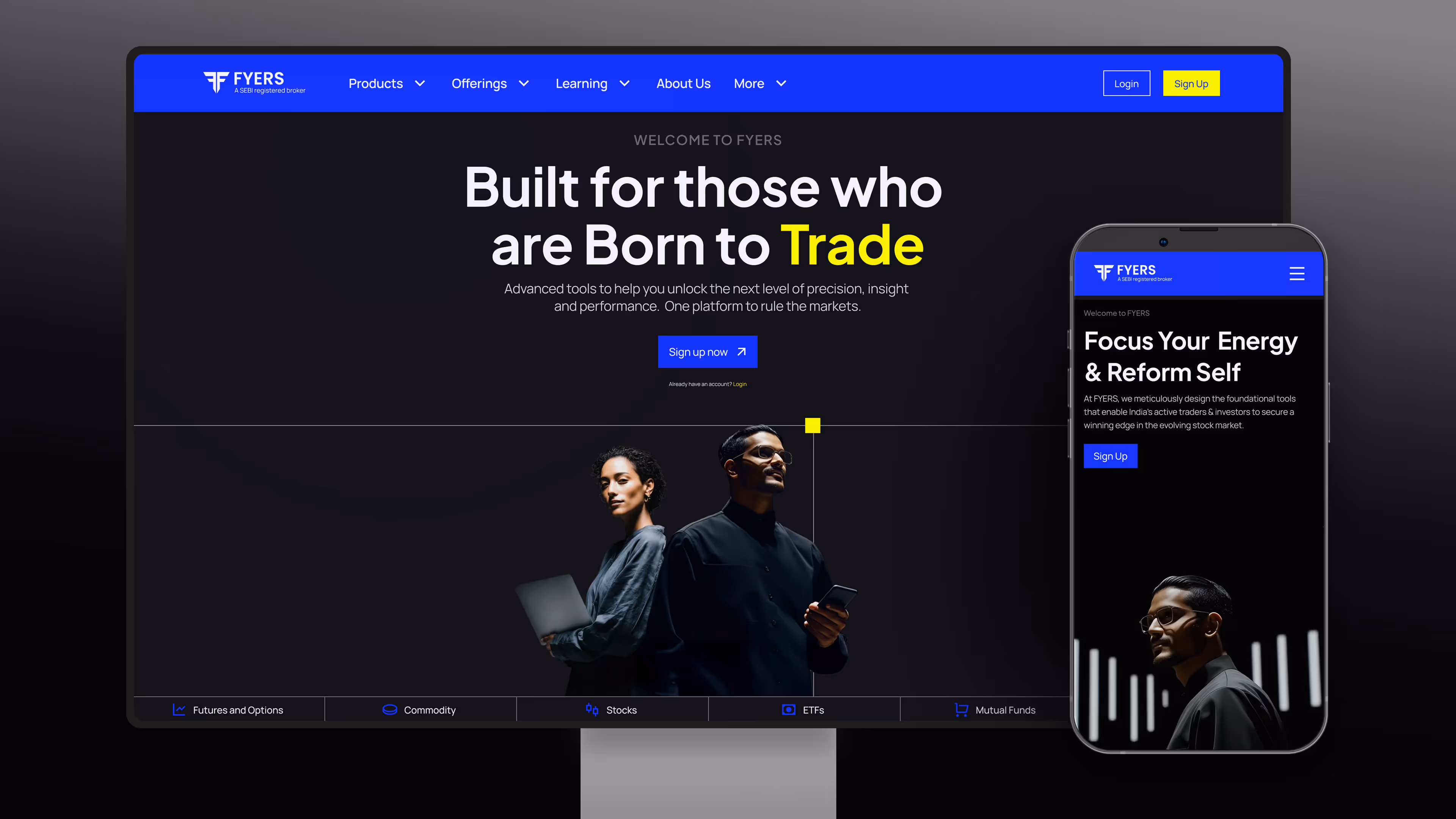 Fyers trading platform webpage on desktop and mobile, highlighting tools for precision trading with images of confident traders.