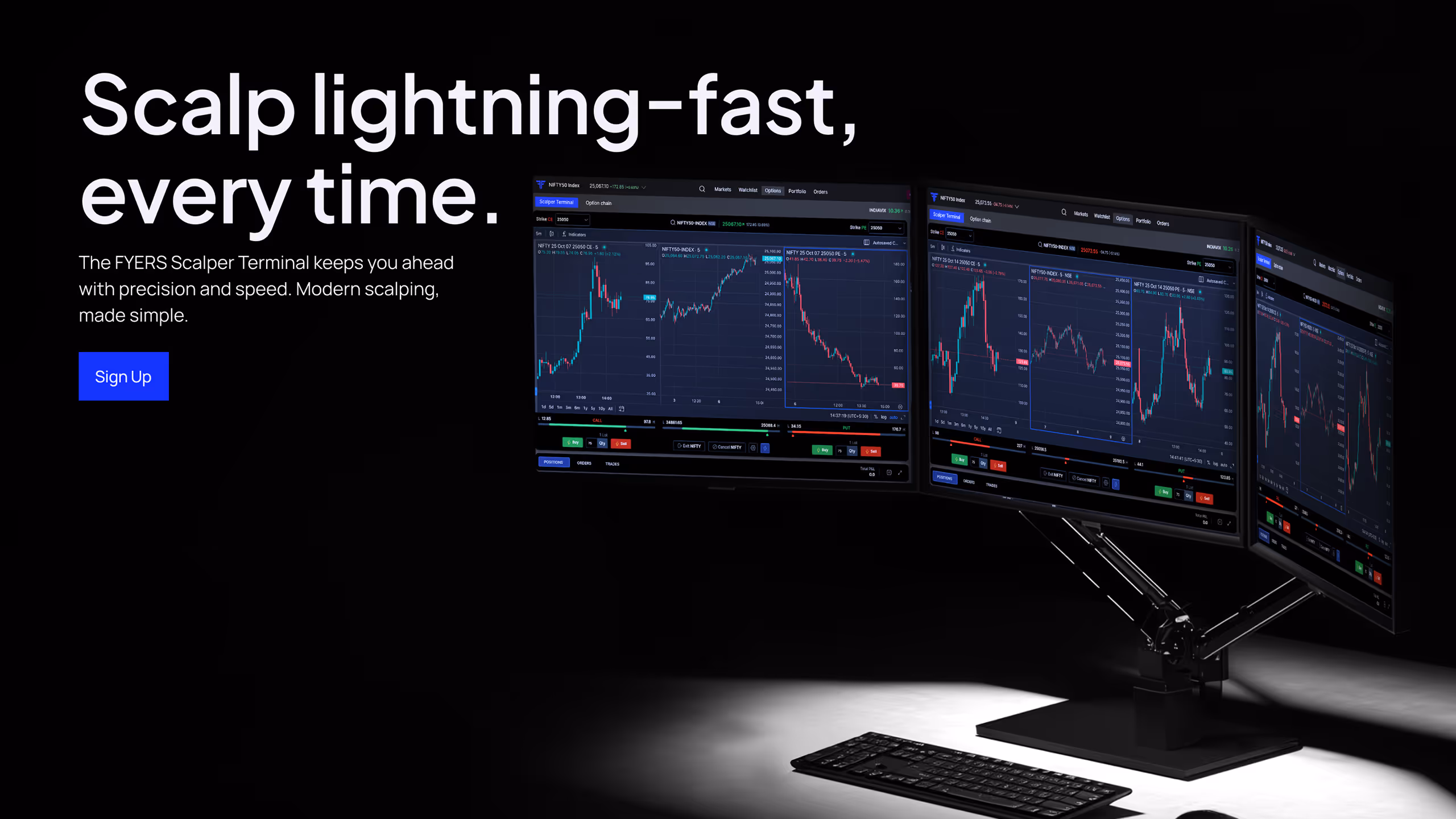 Three curved monitors displaying stock market charts with a keyboard in front, alongside text promoting FYERS Scalper Terminal for fast, precise scalping.
