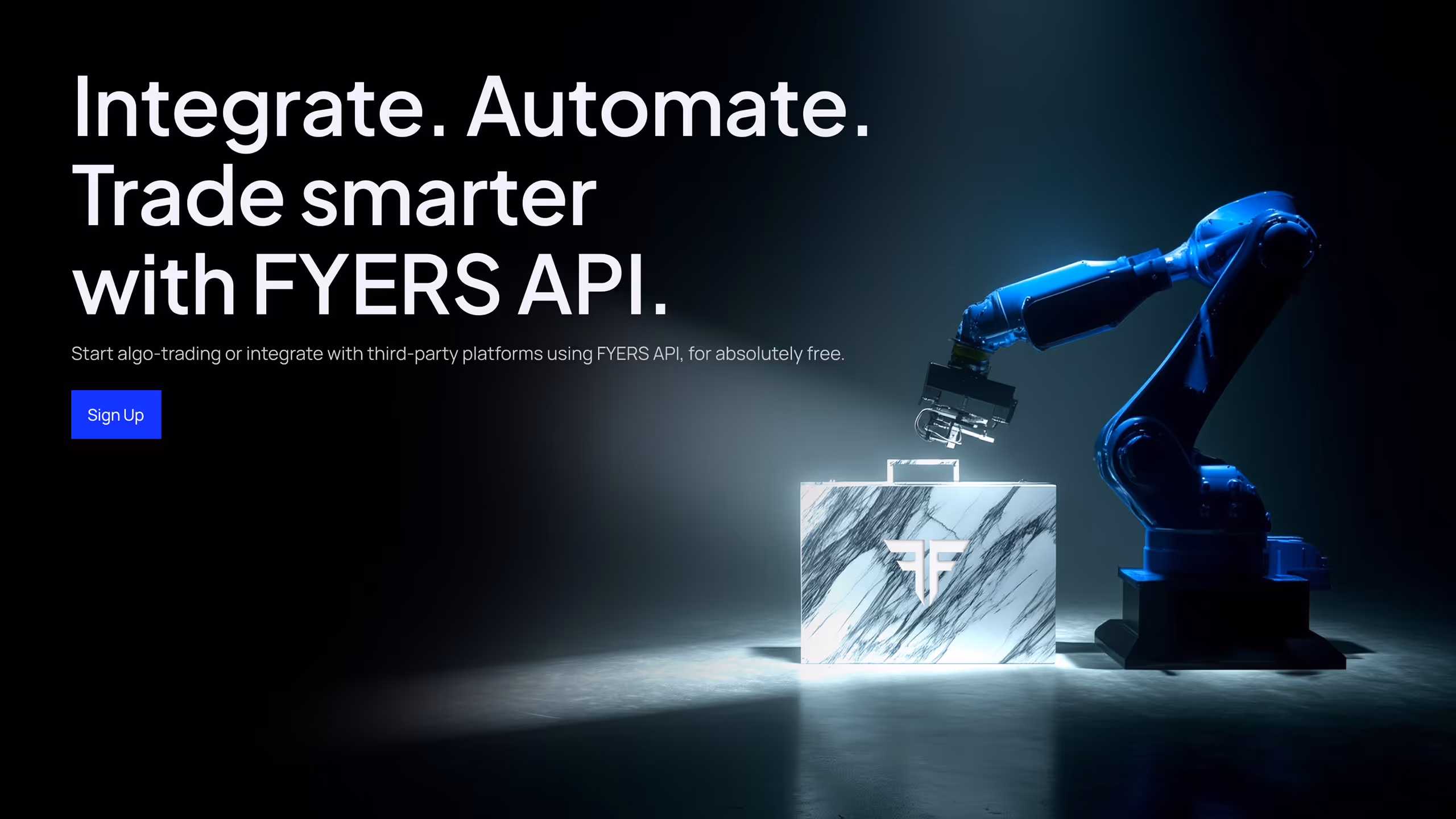 Robotic arm illuminated in blue light next to a marble block with FYERS logo, promoting FYERS API for automating and integrating smart trading.