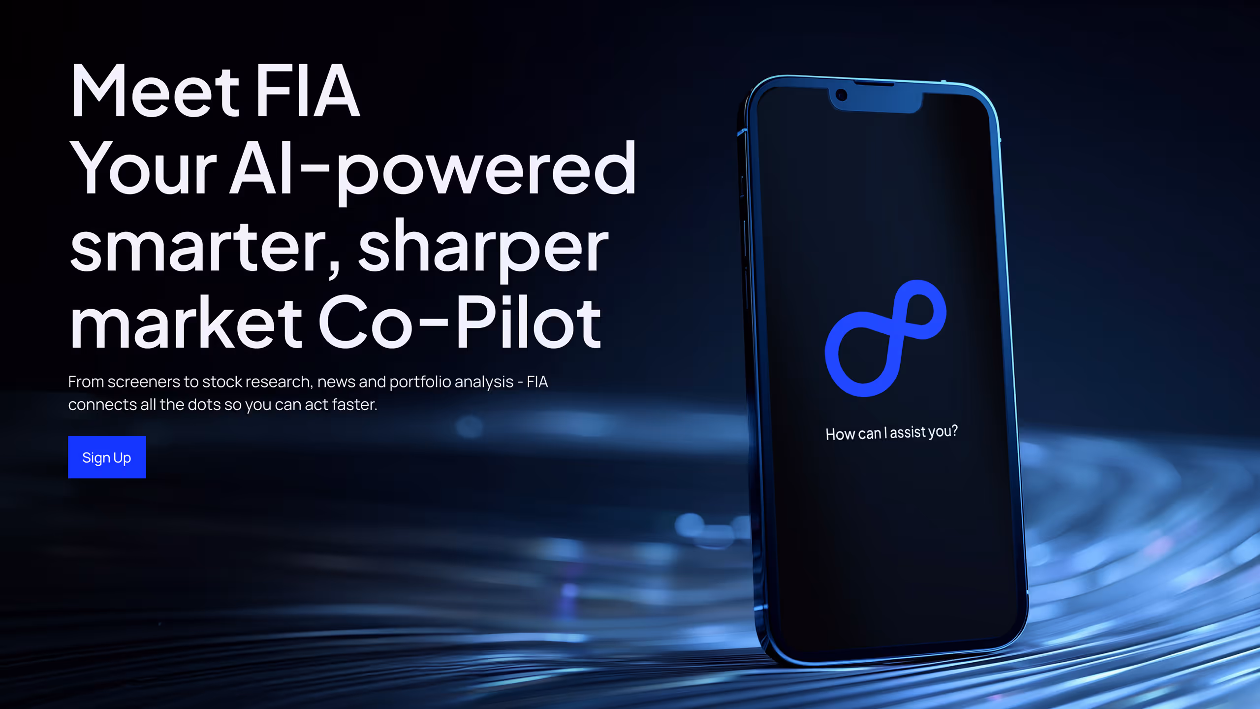 Smartphone displaying FIA AI assistant logo with the text 'How can I assist you?' alongside headline introducing FIA as an AI-powered market co-pilot.