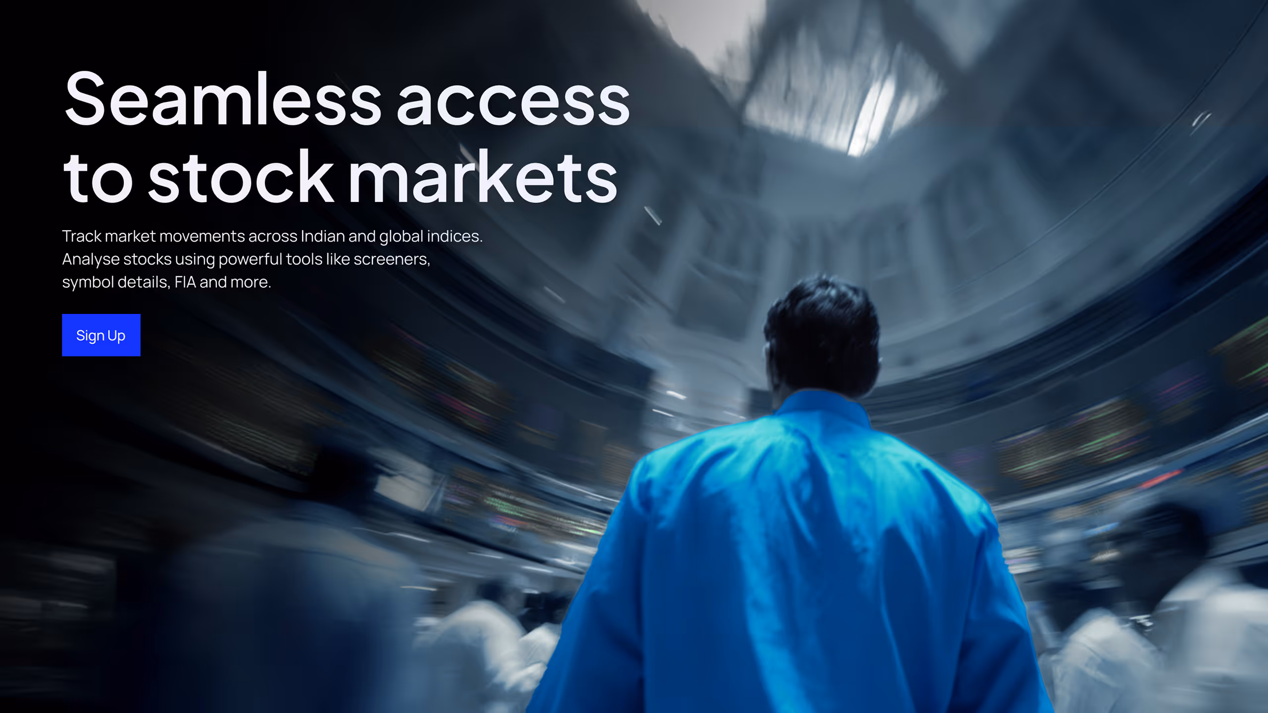 Man in blue shirt looking at blurred stock market trading floor with digital stock ticker displays overhead.