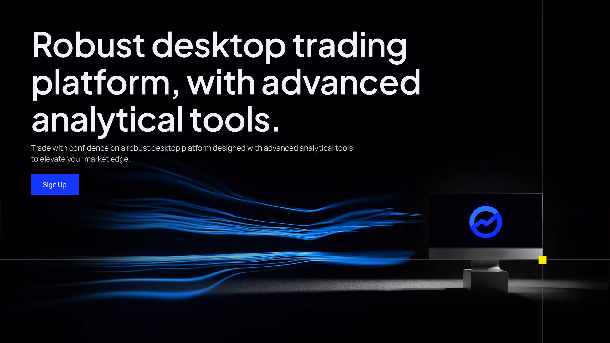 Desktop computer with a blue analytics logo on screen and blue flowing light trails on a black background, promoting a robust trading platform.