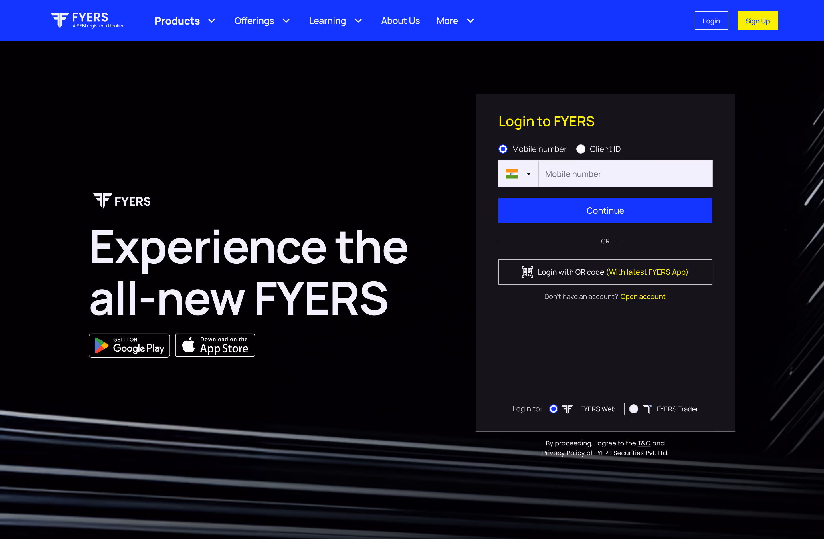 FYERS login page with options to log in using mobile number or client ID, QR code login, and links to download the app from Google Play and App Store.