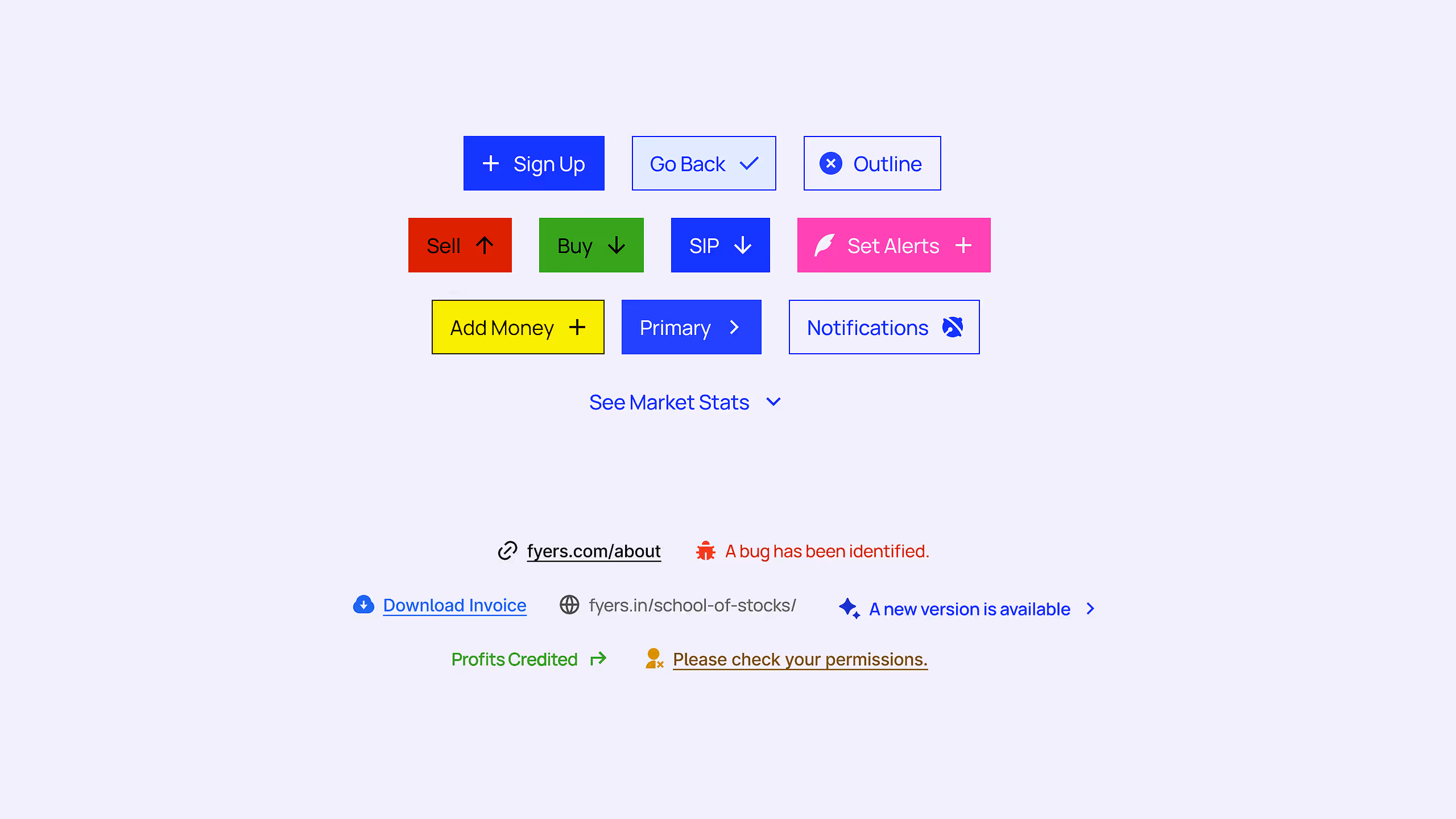 Colorful buttons and links for actions like Sign Up, Go Back, Outline, Sell, Buy, SIP, Set Alerts, Add Money, Primary, and Notifications on a light background.