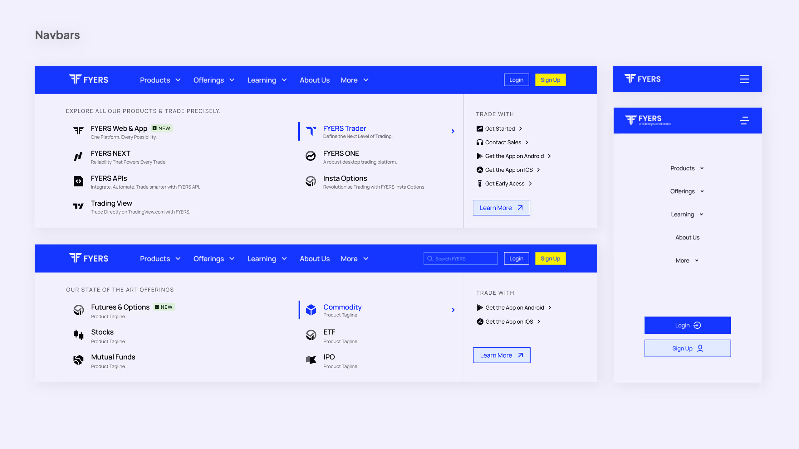 Screenshots of FYERS trading platform web and mobile menus showing product and trading options with login and sign up buttons.