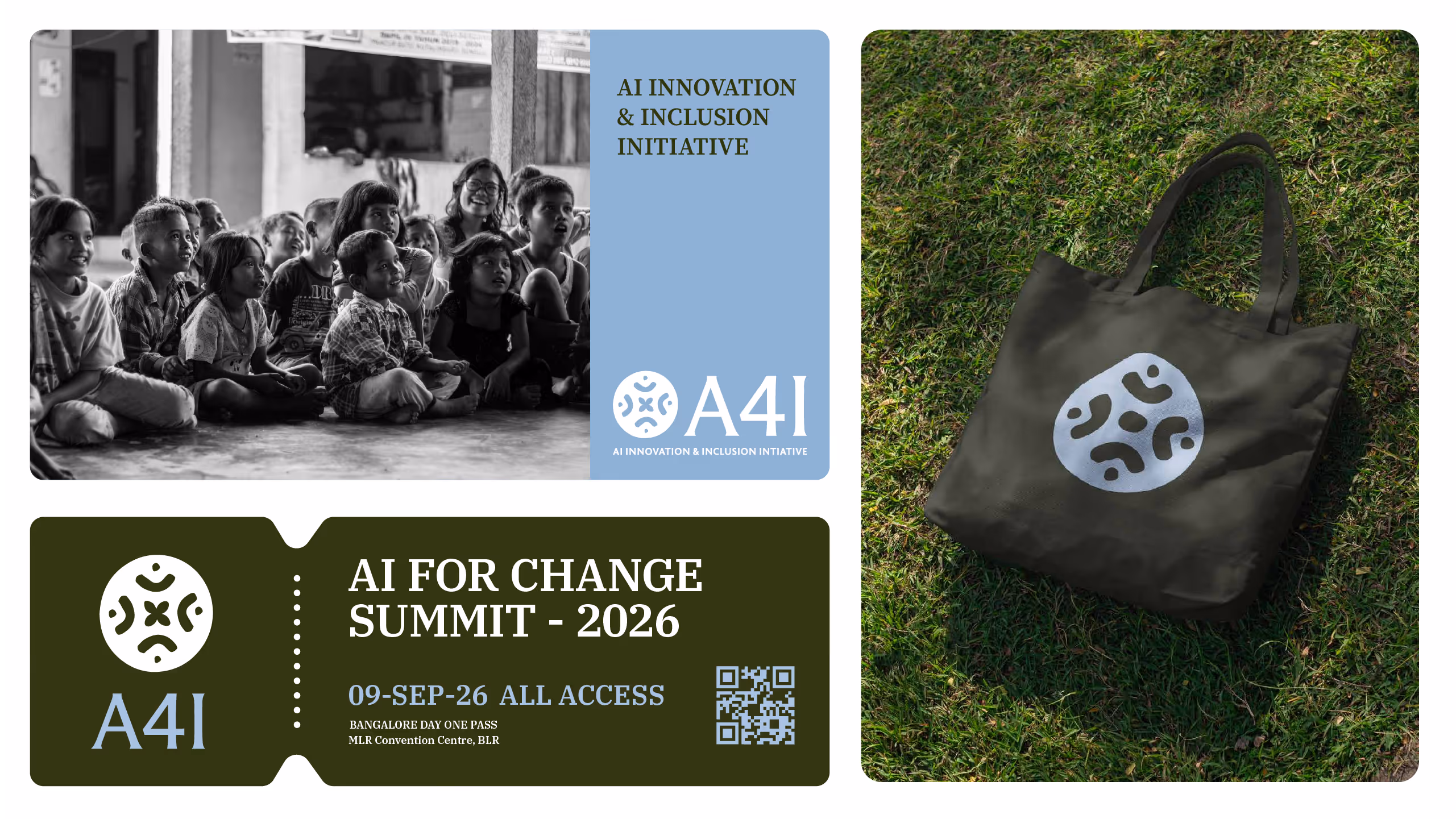Black and white photo of children sitting attentively indoors beside blue panel with A4I logo and text about AI Innovation & Inclusion Initiative; below is an event ticket for AI For Change Summit 2026 with date, venue, and QR code; on the right, a dark tote bag with the A4I logo lies on grass.