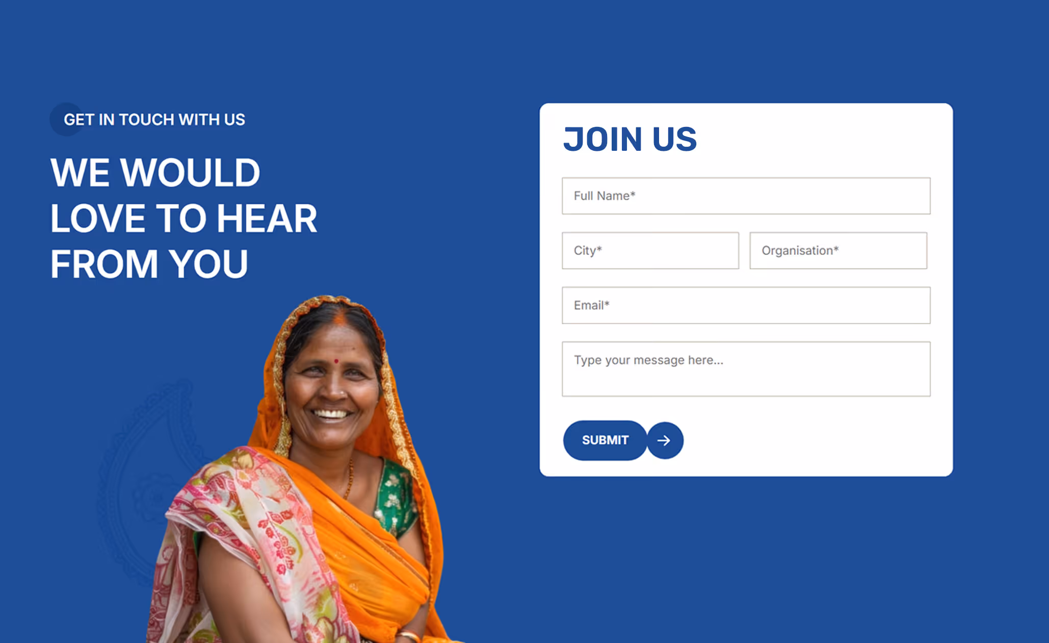 Smiling Indian woman in traditional orange sari next to a contact form titled 'Join Us' with fields for name, city, organisation, email, and message.