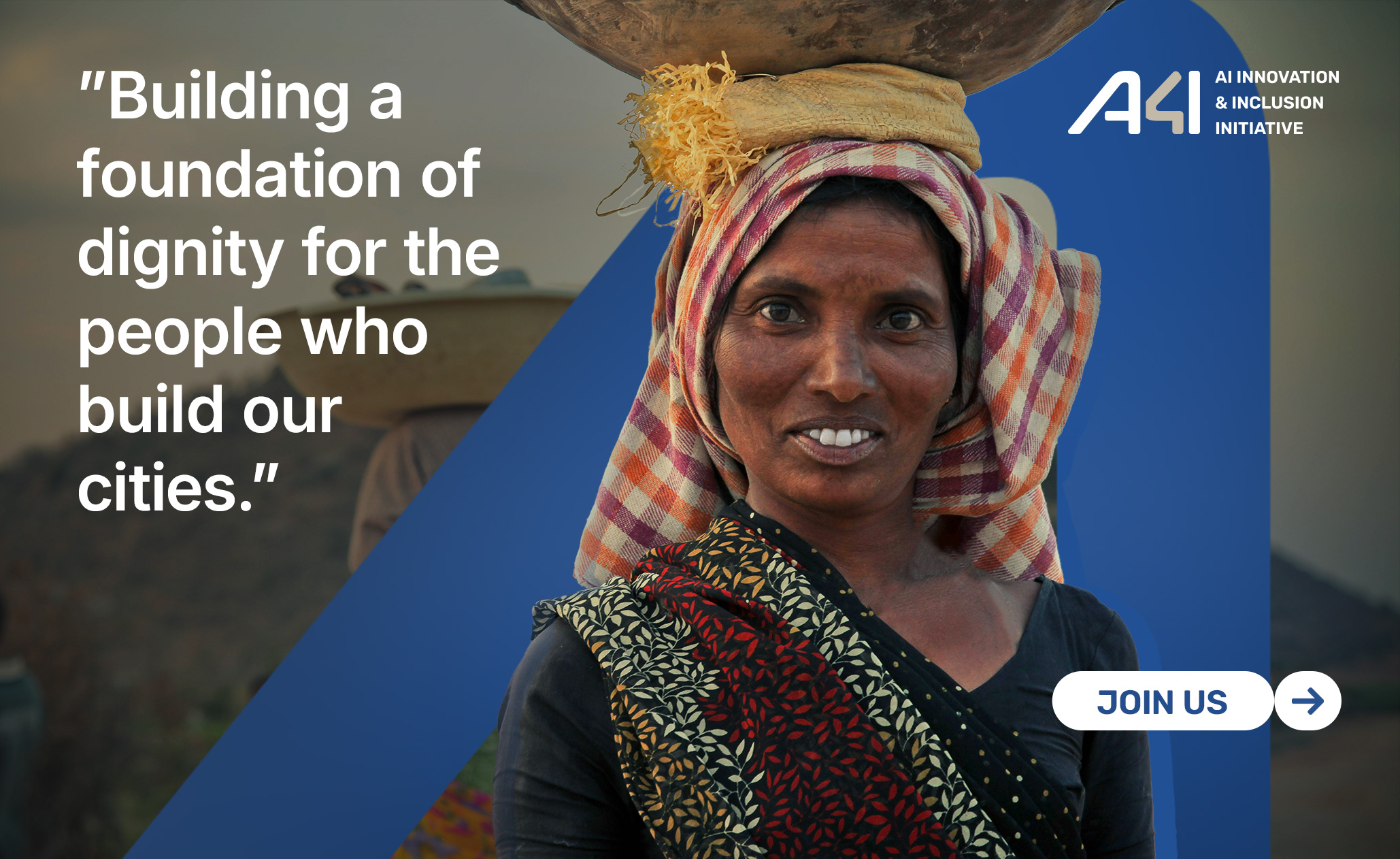 Portrait of an Indian woman worker wearing a patterned headscarf and sari, carrying a load on her head, with a quote on digitizing the worker lifecycle for dignity and the AI Innovation & Inclusion Initiative logo.