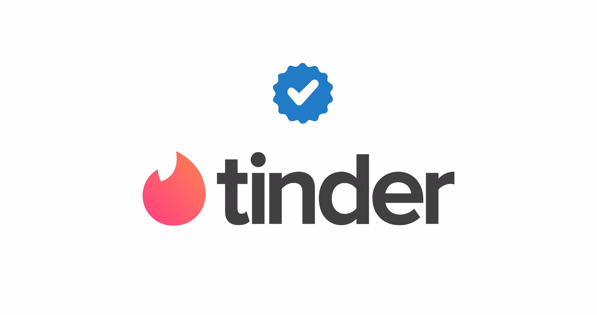 Tinder logo with a flame icon and a blue verified checkmark badge above the word tinder.
