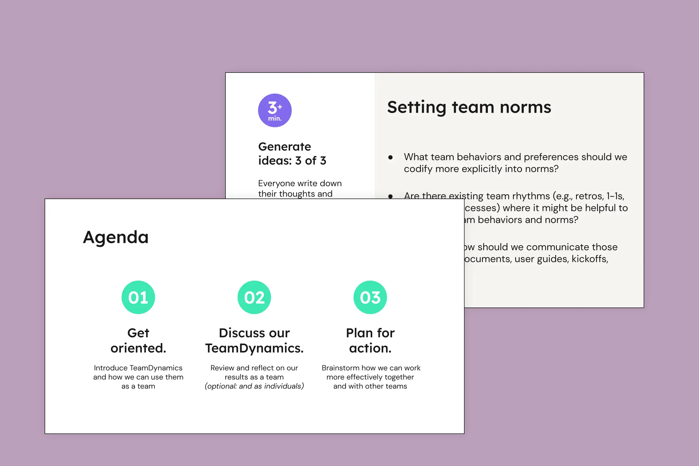 Graphical depiction of the TeamDynamics discussion guide you receive as a user.