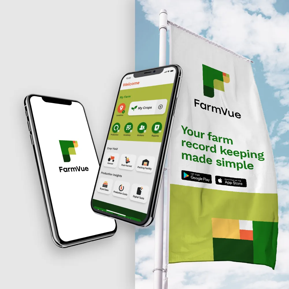 Farmvue App branding on mobile and marketing banner 