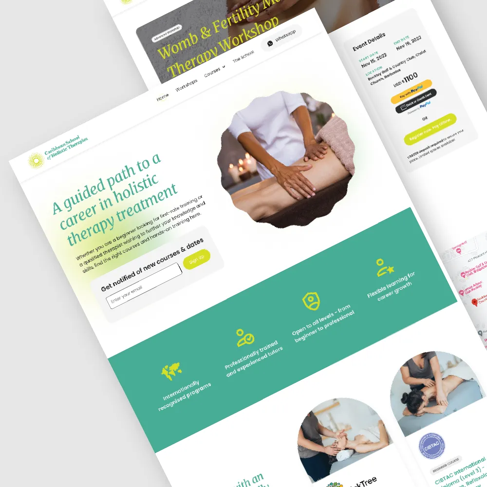 Screenshot of website design for Caribbean School of Holistic Therapies in Barbados