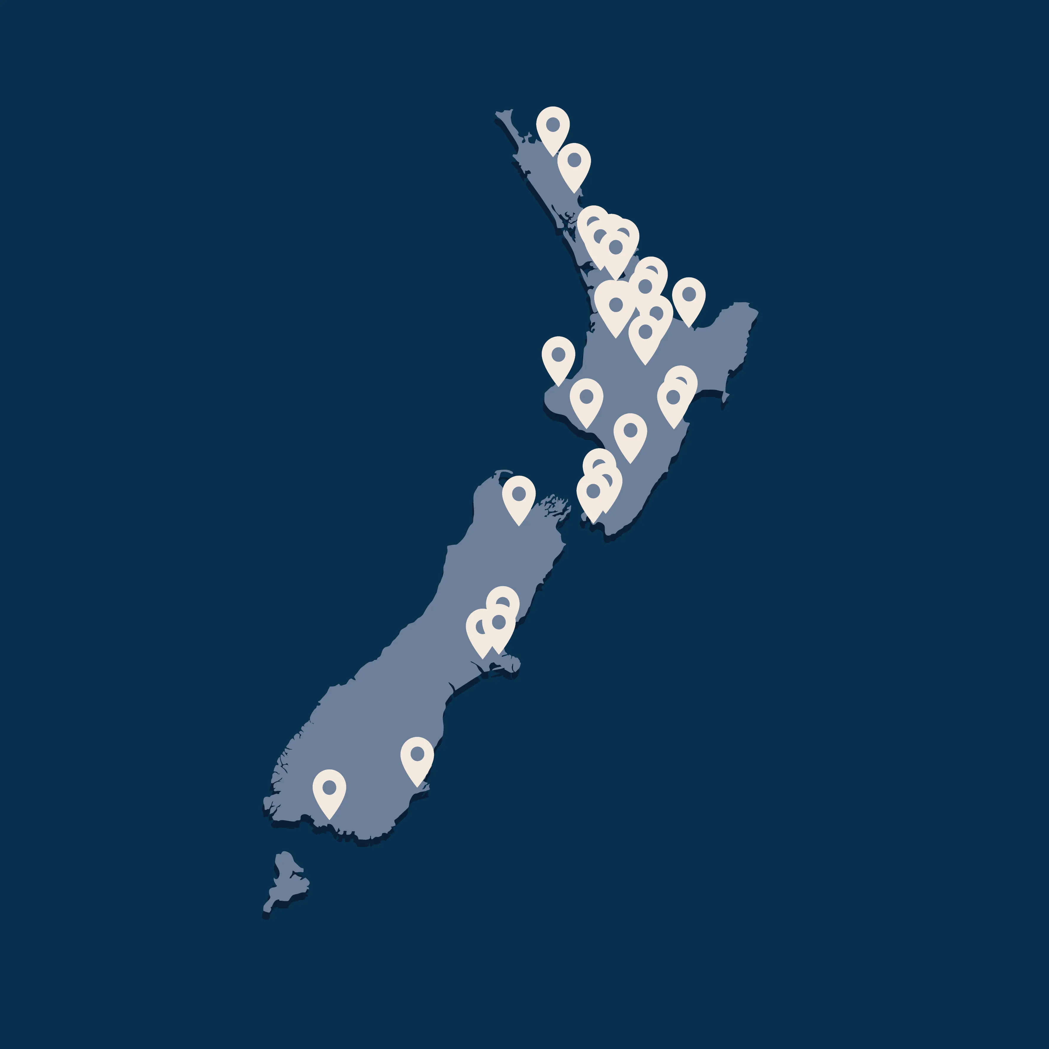 A map of New Zealand showing all of the 29 Resonate Health Studios across the country