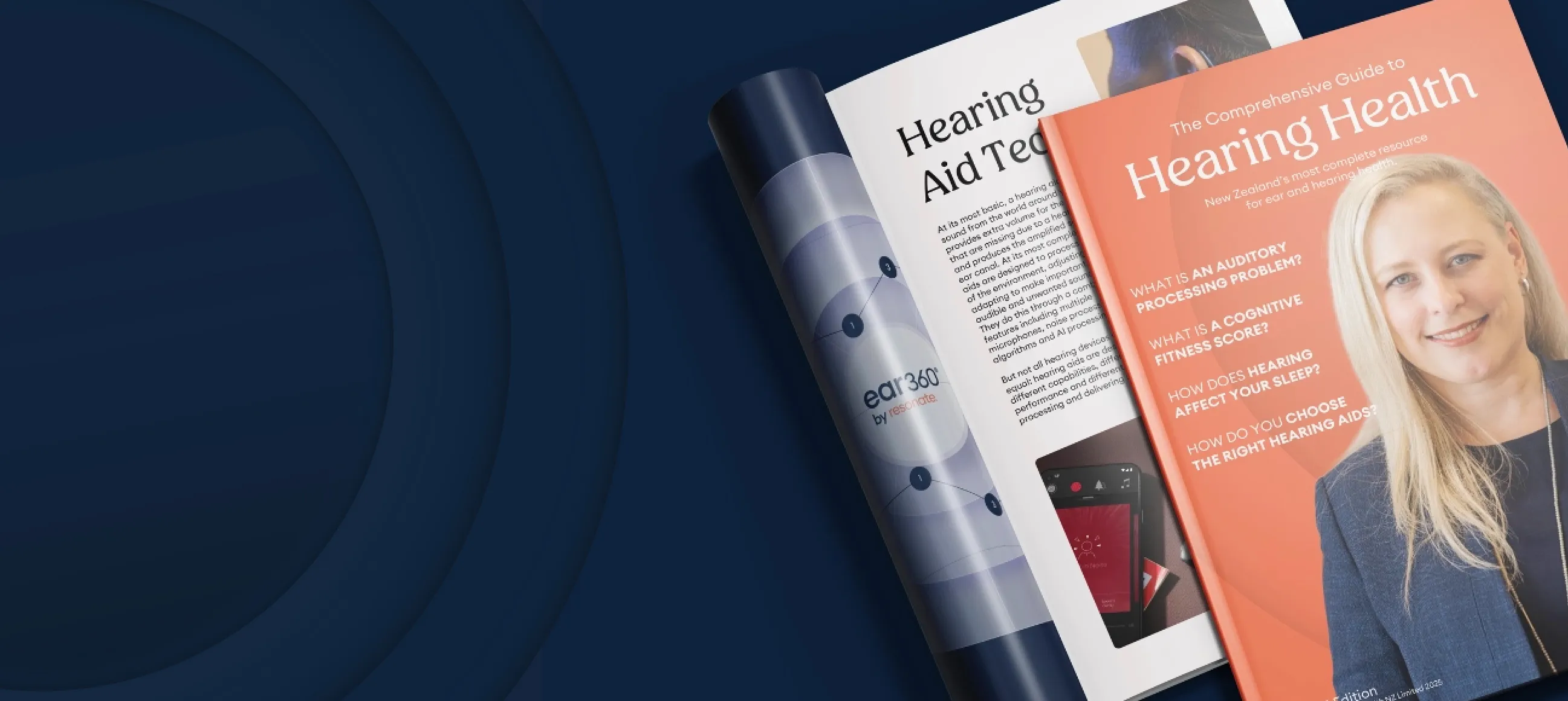 Opened brochures about hearing health, including a guide titled 'The Comprehensive Guide to Hearing Health' with a smiling woman on the cover.