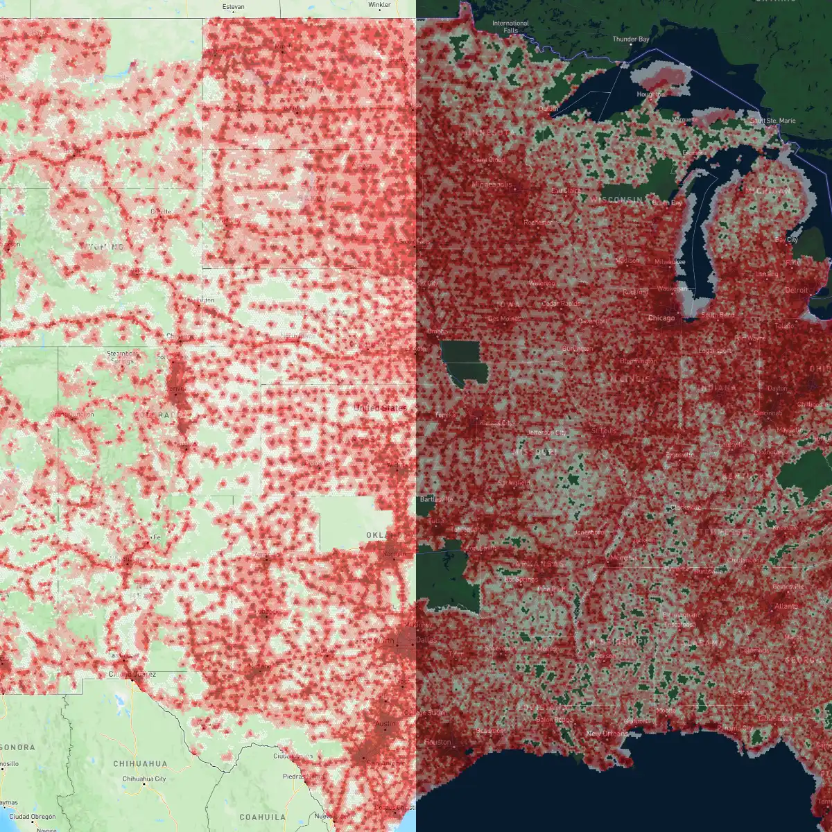Coverage map showing light and dark mode background map layer.