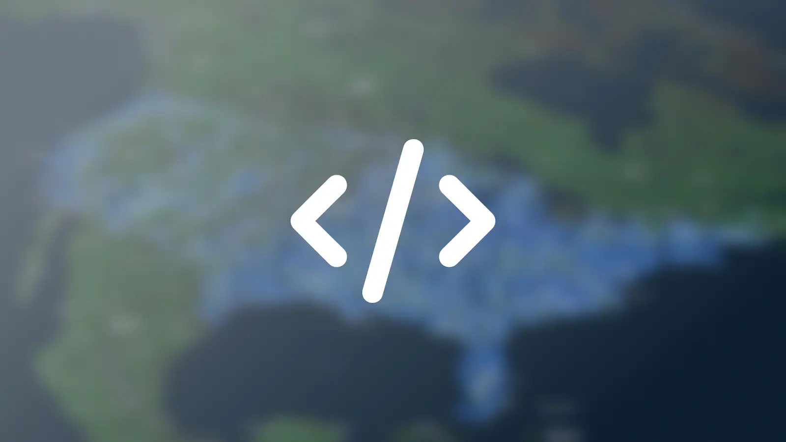 Icon of code brackets overlayed on map of United States with cellular coverage data.