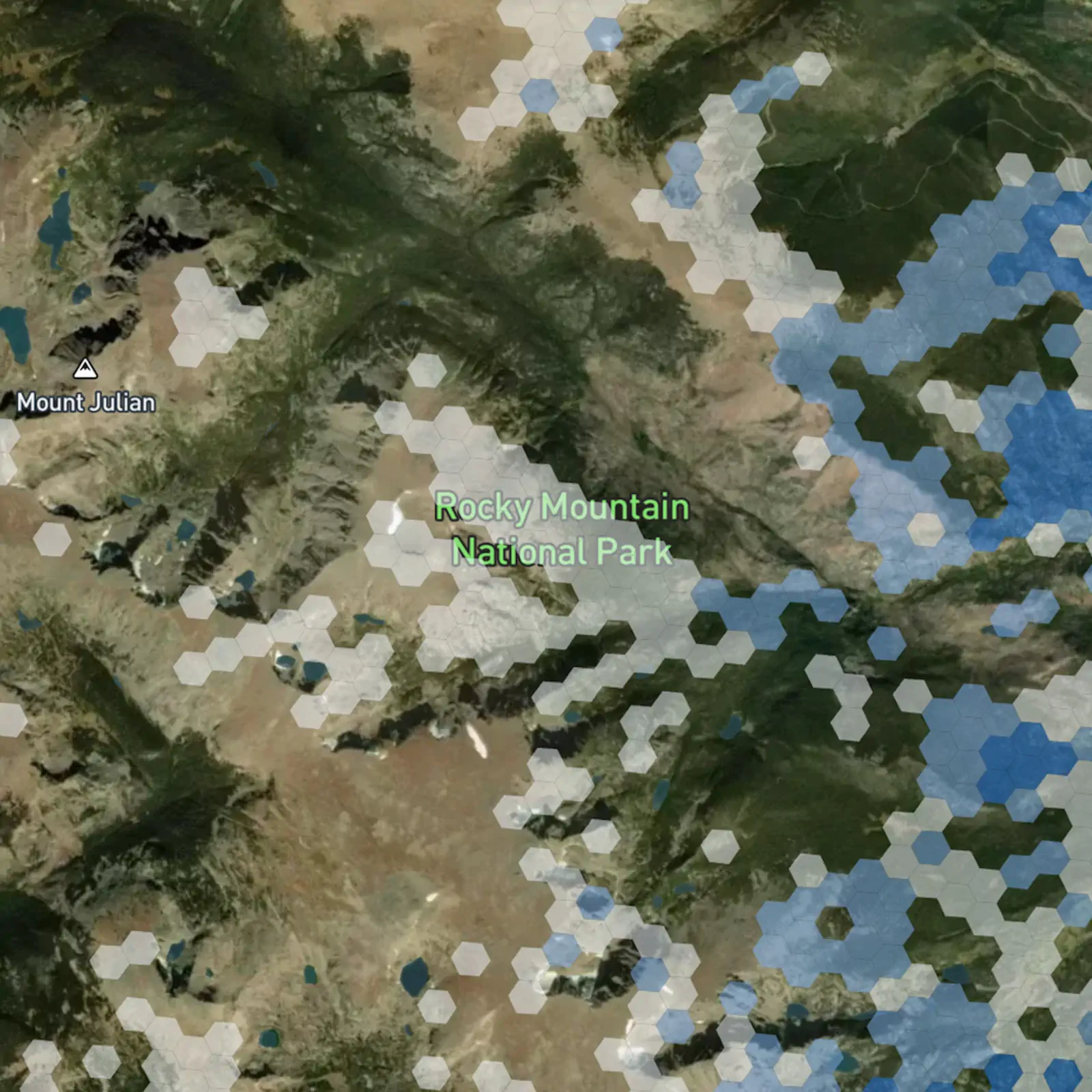 Satellite view of Rocky Mountain National Park with AT&T cellular coverage overlayed on top.