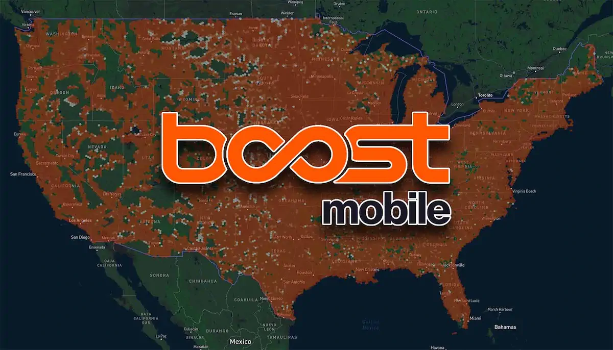 Boost Mobile coverage map with Boost Mobile logo overlayed on top