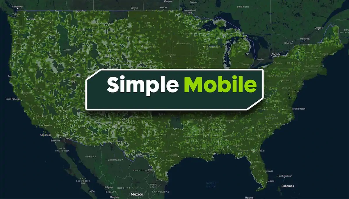 Simple Mobile logo overlayed on top of a cellular coverage map of the United States