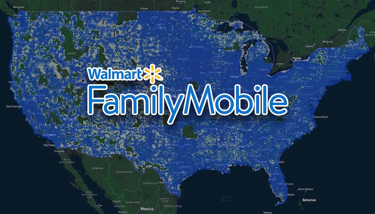Walmart Family Mobile logo overlayed on top of a cellular coverage map of the United States