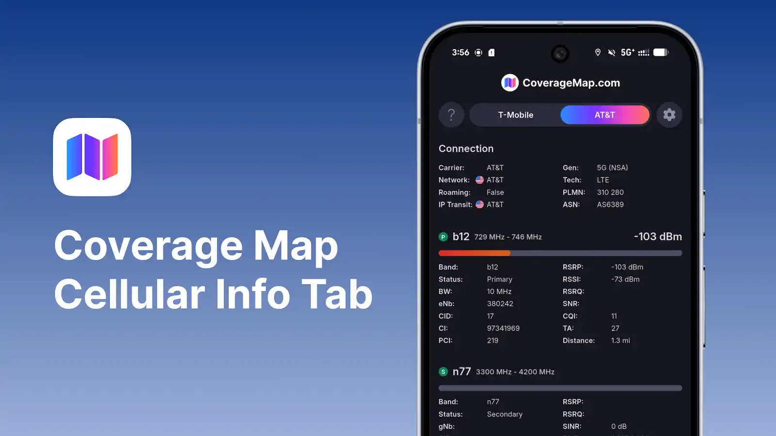 Pixel 10 Pro XL showing CoverageMap's new cellular info tab on screen